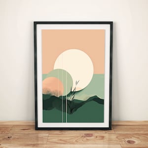 Moderne Wandkunst Sonne | Abstrakte Landschaft in Grün Beige | Beruhigende Bilder für Wohnzimmer | Ästhetisches Poster Boho Stil