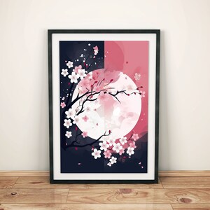 Arte de pared japonés para dormitorio | Arte de flor de cerezo y luna | Póster rosa con estética del lejano oriente | Cuadro decorativo relajante