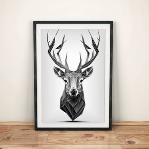 Geometrischer Hirsch Kunstdruck modern | Schwarz Weiß Tierposter Wohnzimmer | Minimalistische Wald Deko | Skandinavisches Hirsch Wandbild
