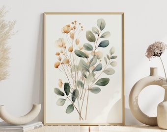 Décoration murale bohème : Branches et fleurs d&#39;eucalyptus | Affiche de plantes à l&#39;aquarelle | Affiche de plantes de style bohème