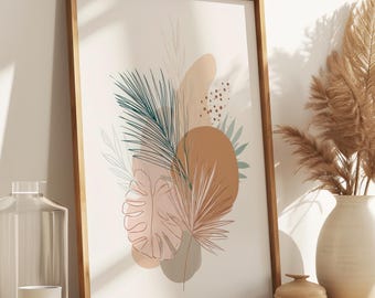 May include: A framed botanical print with a minimalist design featuring abstract leaves in shades of brown, green, and pink. A clear glass vase, a white candle, and a ceramic vase with dried pampas grass are on a wooden cabinet.