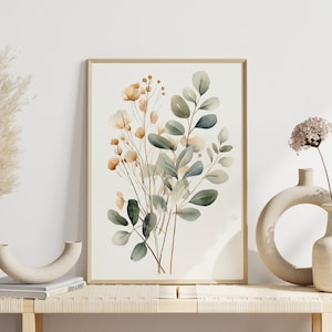 Boho wall art: Eucalyptus branches and flowers | Watercolor plant poster | Boho-style plant poster
