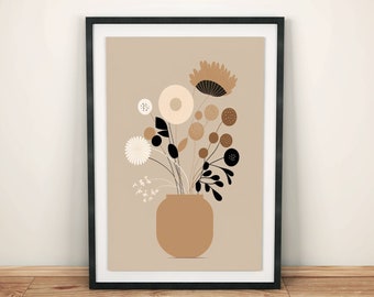 Living room wall decor | Scandinavian boho poster beige | Floral vase illustration minimalist art print hallway office brown