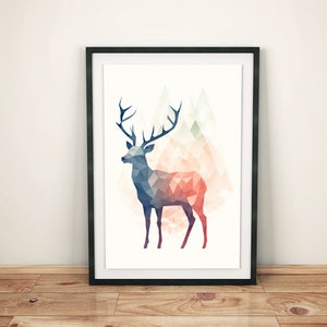 Wandbild mit Hirschmotiv modern | Natur Deko fürs Wohnzimmer oder Büro | Abstrakte Tierkunst in ruhigen Farben | Skandinavische Wandposter
