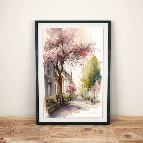 Romantische Kirschblütenallee: Poster mit Aquarellmalerei für den Frühling | Japanische Sakura-Bäume | Wandbilder Japan | Bilder Wohnzimmer