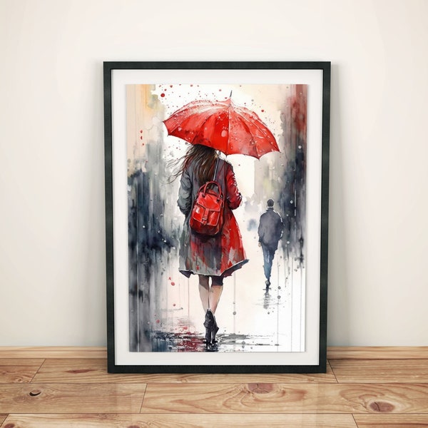 Peinture moderne d’aquarelle : femme avec le parapluie rouge, conception minimaliste, art d’aquarelle, décoration de mur de temps pluvieux, art à la maison d’image de pluie