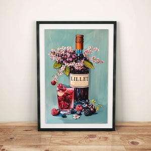 Retro Lillet Cocktail Poster | Wildbeeren Bild für Küche | Vintage Bar Deko | Küchendeko Lillet Wandkunst | Vintage Esszimmer Dekoration