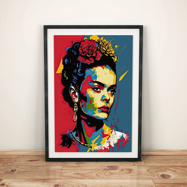 Abstraktes Frida Kahlo Poster im Pop-Art-Stil mit kräftigen Farben | Lebhaftes Pop-Art-Porträt von Frida Kahlo | Frida Kahlo Wanddekoration