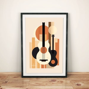 Abstraktes Gitarrenbild im Boho Stil | Musikzimmer Wanddeko | Geschenkidee für Musiker | Minimalistische Kunst | Beige Poster Musik Deko