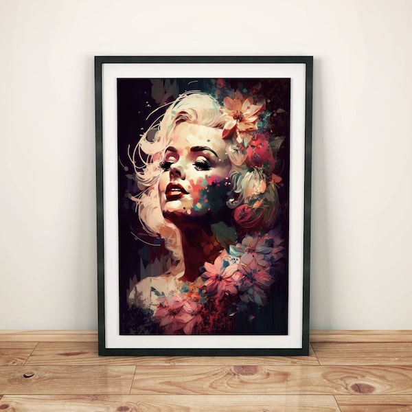 Abstrakter Marilyn Monroe Kunstdruck mit Blumenmotiven | Marilyn Monroe Portrait | Moderne Interpretation Frauenportrait | Bunt Marilyn Art