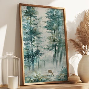 Forest landscape art for the living room | Scandinavian nature poster | Green forest deer picture | Minimalist art print for the hallway bedroom