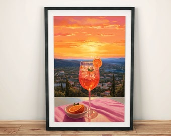 Woonkamer muurdecoratie | Poster met mediterrane zonsondergang | Landschapsprint met sinaasappelaperitief | Cadeau-idee voor zomerse keukendecoratie