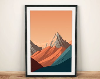 Modern living room wall decor | Abstract mountain landscape | Orange and blue nature art prints | Minimalist art posters for hallway or office