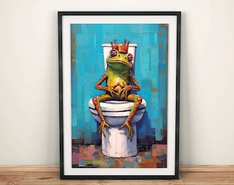 Funny bathroom poster: Frog Prince on the toilet, funny bathroom picture, toilet humor, colorful bathroom decoration, guest toilet picture