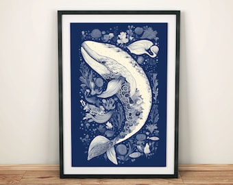 Ocean Artwork Wall Mural for Bedroom | Scandinavian Poster Blue Whale Illustration | Nautical Art Living Room Hallway Decoration