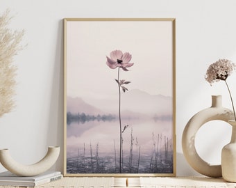 Living room wall decor nature | Scandinavian flower poster | Pink flower landscape minimalist | Art print hallway bedroom