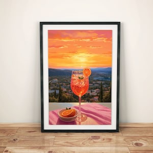 Farbenfrohes Aperol Spritz Wandbild | Sommerliches Cocktailmotiv Bild | Sonnenuntergang Aperol Spritz Poster | Dekorative Sommer Wandkunst