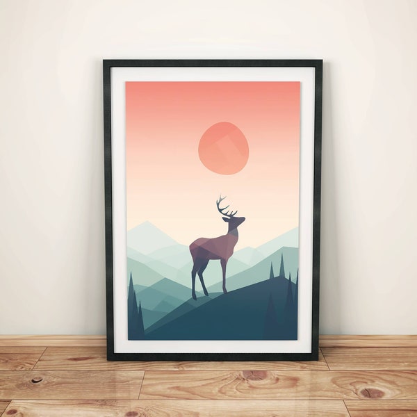 Minimalistisches Hirsch-Poster: Abstrakte Geometrie und sanfte Töne | Modernes skandinavisches Wandbild | Naturmotiv Wanddeko | Tierposter