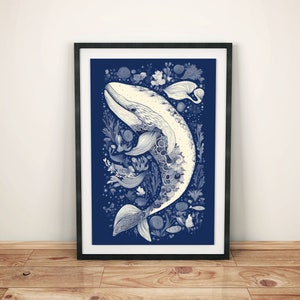 Retro whale poster in blue and white | Vintage animal wall decoration with patterns | Decorative mural in dark blue | Retro style whale decoration