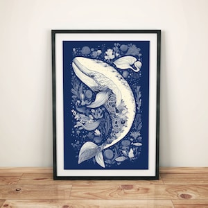 Retro whale poster in blue and white | Vintage animal wall decoration with patterns | Decorative mural in dark blue | Retro style whale decoration