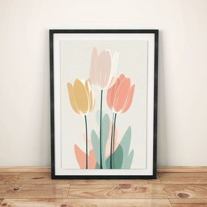 Poster minimalista di tulipani in colori pastello | Decorazione primaverile moderna | Poster artistico di fiori | Immagine semplice di tulipani | Design floreale