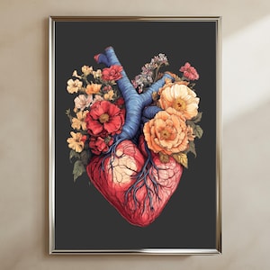 Poster del cuore anatomico | Decorazione romantica da parete con fiori | regalo di nozze | Decorazione estetica | Stampa artistica di anatomia | Illustrazione floreale