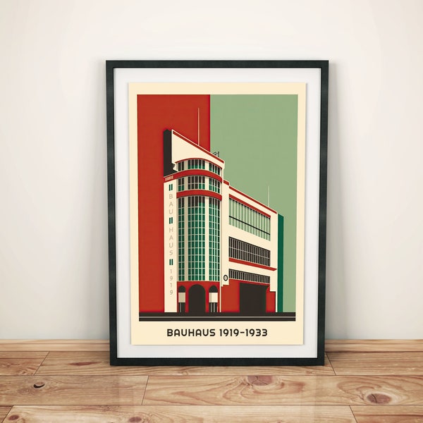 Retro Bauhaus poster: architecture image with green and red elements | Vintage style | Minimalist Architecture Art | Living room pictures