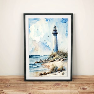 Vista mare: poster acquerello del faro, faro blu sulla spiaggia, immagine del paesaggio costiero, decorazione del bagno marittimo, atmosfera rilassata