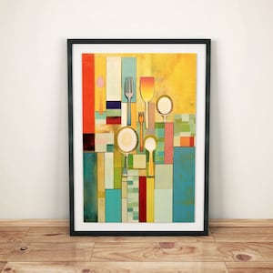 Buntes Küchenbild: Abstrakte Küchenutensilien in lebendigen Farben | Moderne Esszimmer Deko | Farbenfrohe Küchenwanddeko | Küchen Poster