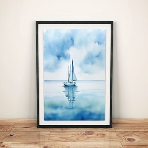 Poster rilassante con veliero | Decorazione marittima moderna | Arte murale minimalista blu e bianca | Arte murale nautica | Quadro con nave sul mare