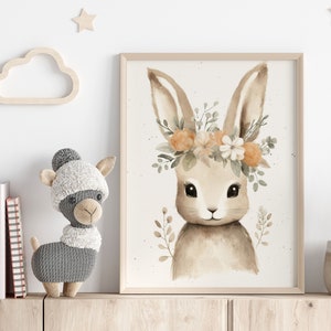 Children's room picture: Sweet bunny in boho style with floral decorations | Children's poster poster | Children's room baby gift children's animal poster baby room