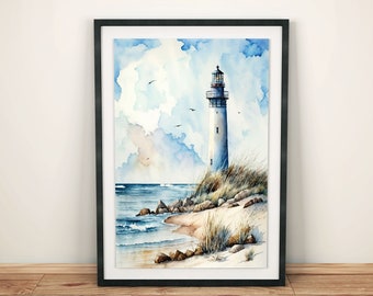 Sea view: watercolor lighthouse poster, blue lighthouse on the beach, coastal landscape picture, maritime bathroom decoration, relaxed atmosphere