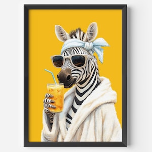Witzige Tier Wandkunst | Modernes Zebra Poster für Küche Bad Flur Wohnzimmer | Lustige Tierbilder | Gelbe Wanddeko | Deko Tiere Bilder Kunst
