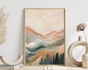 Abstract mountain landscape in soft tones, decorative mountain wall art in minimalist style, modern boho design poster, living room decoration