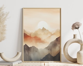 Boho wall decor: Moonlight mountain landscape | Watercolor mountains and moon | Boho poster with mountain motif