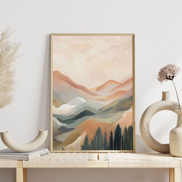 Abstract mountain landscape in soft tones, decorative mountain wall art in minimalist style, modern boho design poster, living room decoration