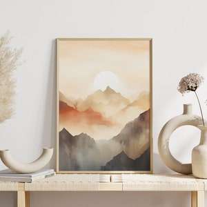 Boho wall decoration: moonlight mountain landscape | Watercolor mountains and moon | Boho poster with a mountain motif