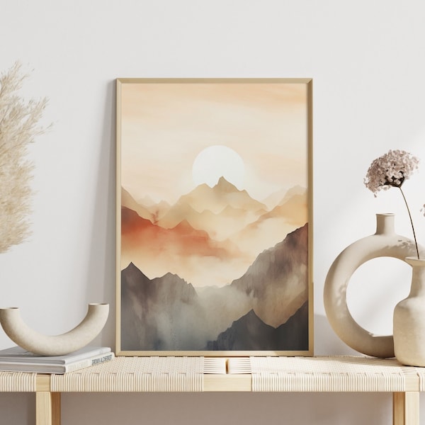 Décoration murale bohème : paysage de montagne au clair de lune | Montagnes aquarelles et lune | Affiche bohème avec un motif montagne