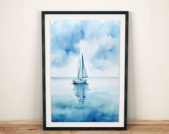 Calming Sailing Ship Poster | Modern maritime decoration | Minimalist Wall Art Blue and White | Nautical Mural | Ship sea image