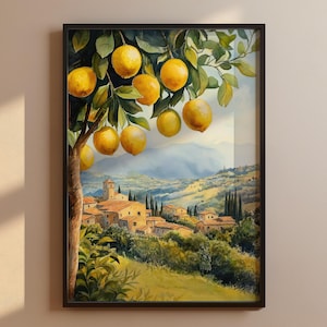 Italienische Landschaft mit Zitronenbaum | Aquarell Poster | Sommerliche Wandkunst Zitronen | Mediterrane Deko | Kunstdruck Toskana Italien