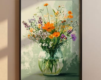 Flower poster for living room | Wildflower picture vintage | Wall art nature watercolor | Bouquet in vase wall picture | Decoration country style art