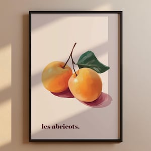 Arte mural frutal para cocina | Arte de cocina en acuarela de albaricoque | Decoración moderna de frutas en tonos pastel | Ilustración de frutas de estilo vintage acogedor
