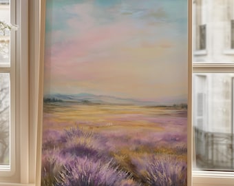 Pastel wall art for living room | Landscape art print lavender | Romantic nature wall art | Purple yellow panoramic poster decor for hallway or bedroom