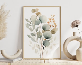 Décoration murale scandinave : Branches d&#39;eucalyptus minimalistes aux couleurs délicates | Art bohème moderne | Affiche végétale | Impression botanique