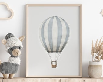 Poster minimalista con mongolfiera per la cameretta dei bambini | Stampa con palloncini blu e bianchi | Decorazioni vintage per la cameretta dei bambini | Cameretta per neonati dal design semplice