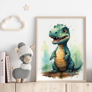 Decoración infantil | Acuarela de dinosaurio adorable | Póster de animales con arte mural verde y azul | Ilustración única para regalo de habitación de bebé