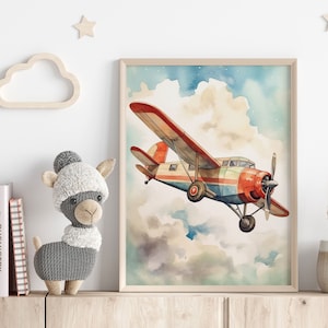 Decoración de pared para habitación infantil: Avión de hélice colorido en estilo acuarela | Póster de avión para habitación infantil | Decoración de habitación de bebé | Fotomural cielo