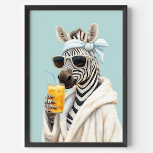 Lustiges Wellness-Zebra Poster | Moderne Tier Wandkunst | Bilder Tiere Wohnzimmer Büro Flur Bad Küche | Witzige Wanddeko | Coole Tierbilder