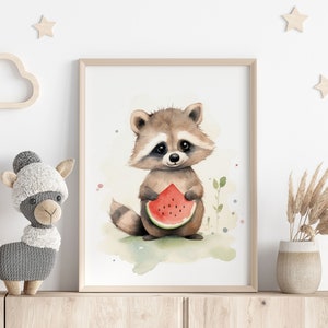 Decoración infantil en acuarela | Póster de mapache adorable | Ilustración de animales para habitación de bebé | Arte mural en colores pastel