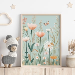 Kinderzimmer Wanddeko: Bezaubernde Blumenwiese in Pastelltönen | Babyzimmer Wandkunst | Beruhigendes Poster für Kinder | Blumen und Pflanzen